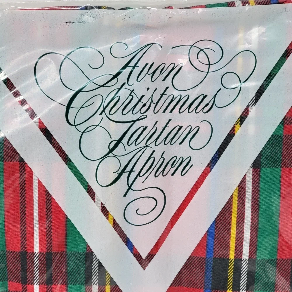 Vintage 1986 Avon Christmas Tartan Apron Red Green White Plaid w Ruffle Bib Ties
